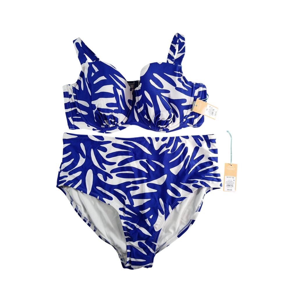 Kona Sol Swimsuit Womens 1X (17-18) Blue Bikini Padded Underwire High Waist NWT